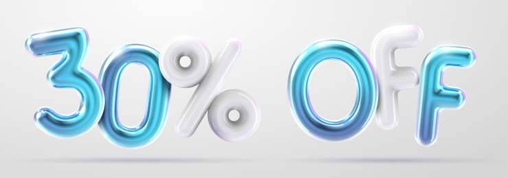 30% off 三维渲染蓝白铝膜气球字