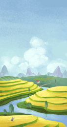 初春季节麦田里刚长出嫩黄的芽农民伯伯在田间耕种中间有溪水串流而过