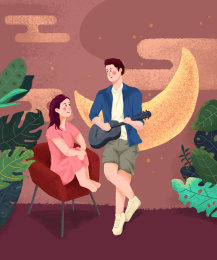 七夕节中热恋的情侣，女生看着男生弹吉他