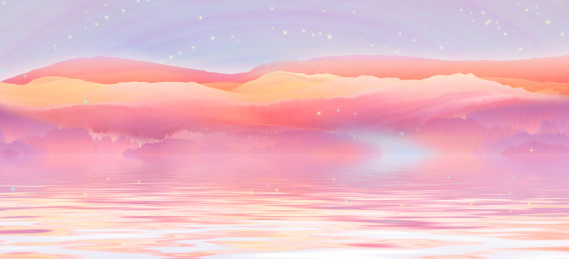 星空下渐变色的山坡下有一条河流缓缓地流动，发出淡淡光彩插画背景海报