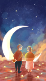 月亮星空下步行的老年夫妻背影温馨手绘插画