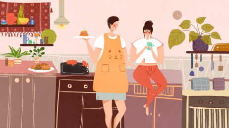 厨房端着面包的情侣日常扁平手绘插画，情人节插画