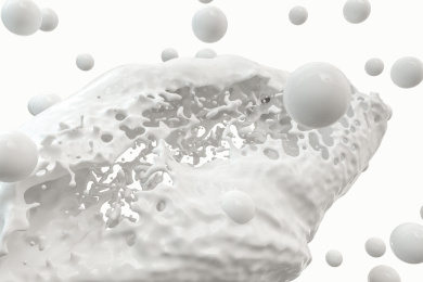 空中飞溅的创意形状白色液体与小球，三维渲染