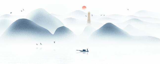 手绘中国风意境水墨山水风景画