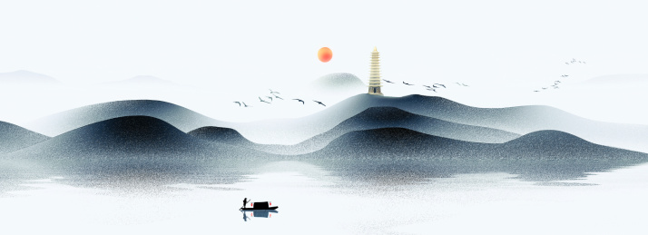 手绘中国风意境水墨山水风景画