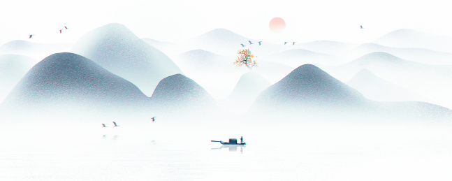手绘中国风意境水墨山水风景画