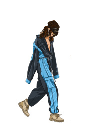 一个头戴眼罩身穿黑蓝色连体裤的女孩，夏日风格插画