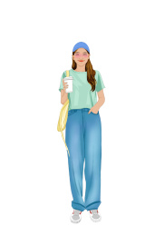 一个手拿饮料身穿蓝色衣服的正在笑的女孩，夏日风格插画