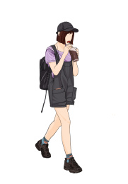一个穿背带裤正在和饮料的女孩，夏日风格插画