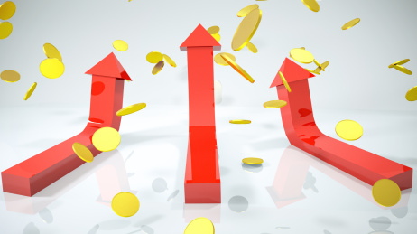 向上的箭头搭配着大量的的金币象征着金钱与商业的成功