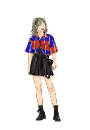 一个黄色头发穿黑色短裙花色衬衫的女孩正在街拍，夏日街拍插画