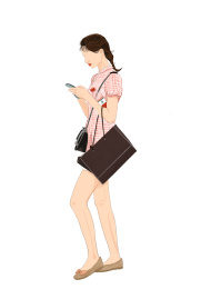 一个穿粉色连衣裙低头玩手机的女孩，夏日街拍插画