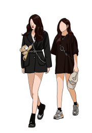 一对穿黑色连衣裙的闺蜜女孩，夏日街拍插画