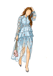 穿蓝色纱裙摸头发的女生，夏日街拍插画