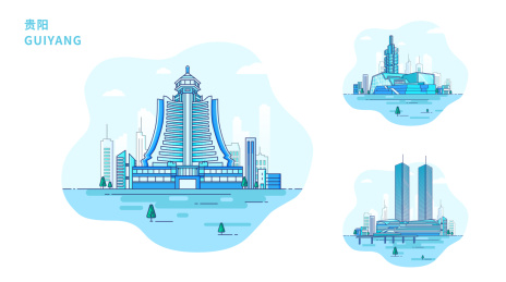 贵州贵阳地标建筑插画蓝色夏天文化宫201大厦花果园双子塔