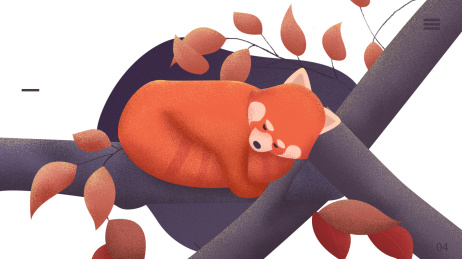 红棕色小熊猫抱树休息噪点插画,温暖安静的画面