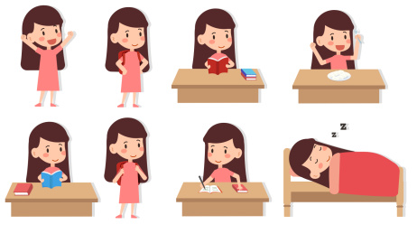 长发女学生起床上学做作业放学的一天