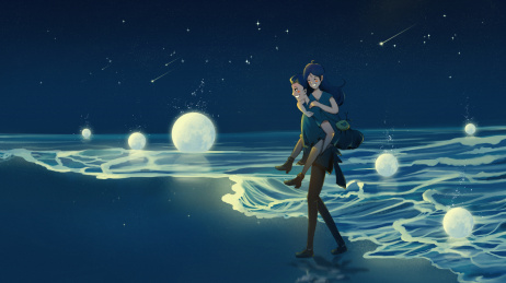 星空下男孩背着女孩在海边漫步唯美手绘插画