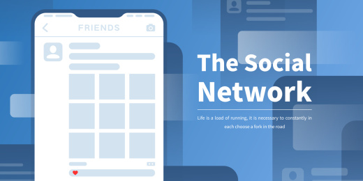 蓝色科技风格互联网微信微博朋友圈社交网络海报矢量插画banner排版设计