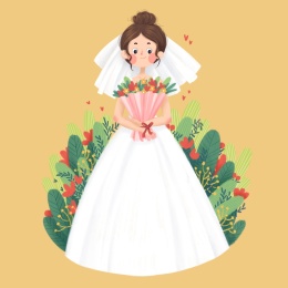 新婚的新娘手拿捧花站在花丛中，浪漫爱情最终走进了婚姻 