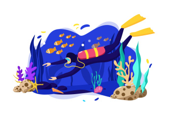 一位深海潜水爱好者 探索海底世界的秘密 创意扁平插画