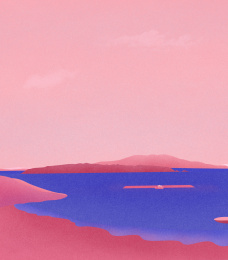 粉色的天空和深蓝色的海面