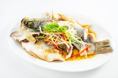 中国粤菜一碟清蒸鲈鱼在白背景上