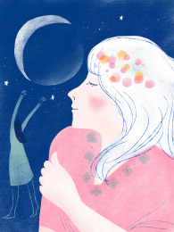 月夜下仰望星月的甜美少女插画