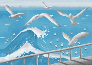 汹涌的浪拍打着岸边的栏杆