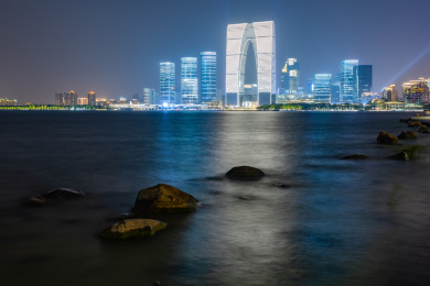 中国江苏苏州金鸡湖现代城市风光
