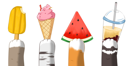 猫爪抓着冰淇淋和西瓜奶茶插画