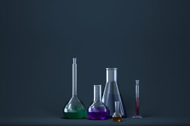 实验室的化学仪器器皿，三维渲染
