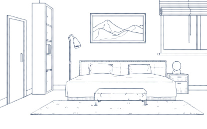 一间摆放着双人床,书柜和落地灯的卧室 线条风格插画