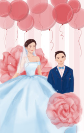 温馨浪漫的婚礼纪念 结婚欢迎海报手绘插画