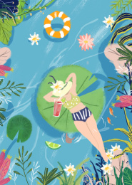 一个喝饮料的小女孩漂浮在带有荷叶的泳池里 夏日概念插画