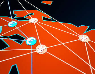 金融网络信息通讯，电子金融，世界连线与货币符号，人民币与欧元