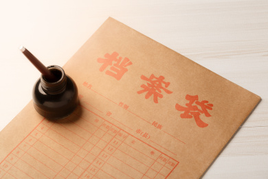 放在桌面上的档案袋和钢笔墨水