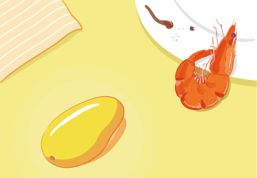 黄色背景上的芒果和煮熟的红色大虾 食物食材水果海鲜矢量插画