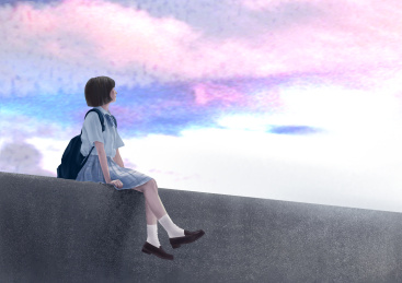 一个学生少女坐在墙头仰望天空