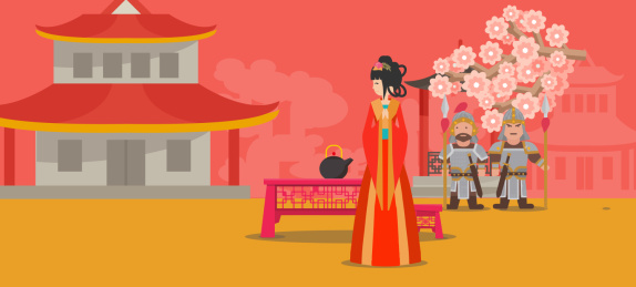 古代宫殿花园中的贵妃和侍卫