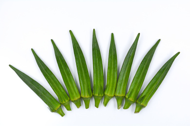 扇形摆在白色背景上的绿色蔬菜秋葵