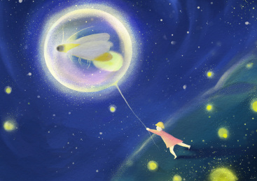 小女孩追寻萤火虫回家的梦幻唯美插画