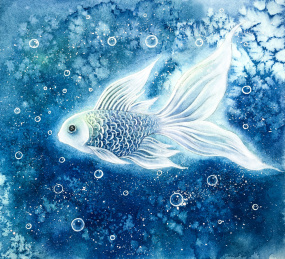 一只畅游在海底梦幻的白色金鱼