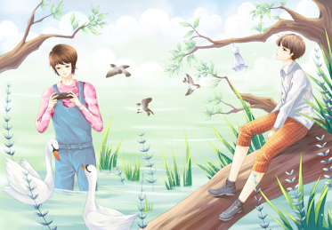 坐在湖边枯树上的少年和拍天鹅的男孩