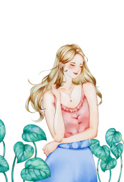 绿色植物旁闭眼微笑的长发少女 森系可爱女孩水彩插画