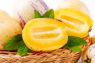 白底上装在框子里的切开的果肉特写