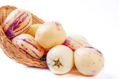 白底上从篮子里面倒出来的人参果