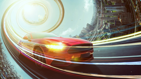 红色包车驶过抽象的扭曲城市地平线与转动的高速公路。