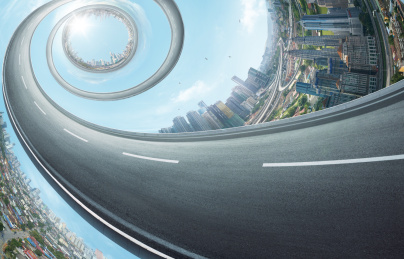 抽象的扭曲城市地平线与转动的高速公路。