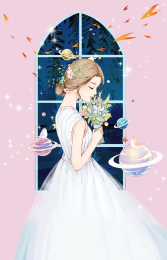 手捧鲜花身穿白色婚纱的新娘站在窗户边